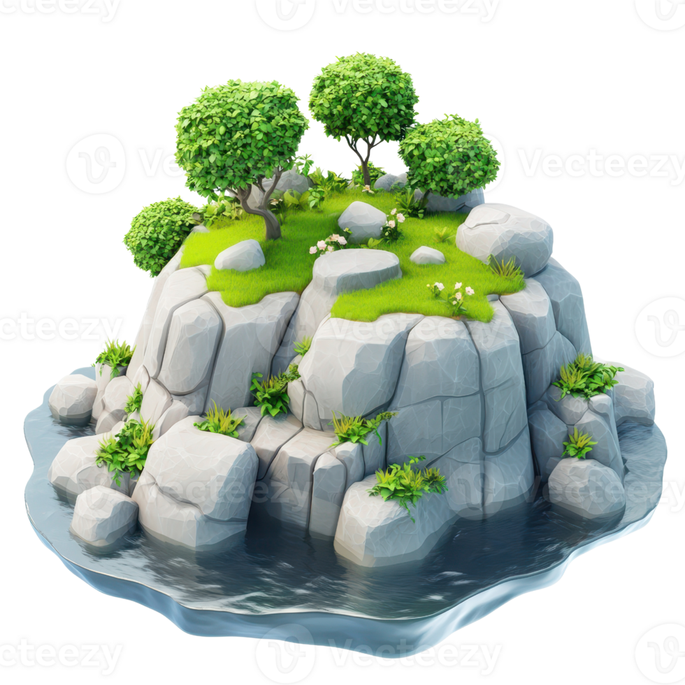 A serene island with lush greenery, rocks, and calm water, ideal for nature lovers. png