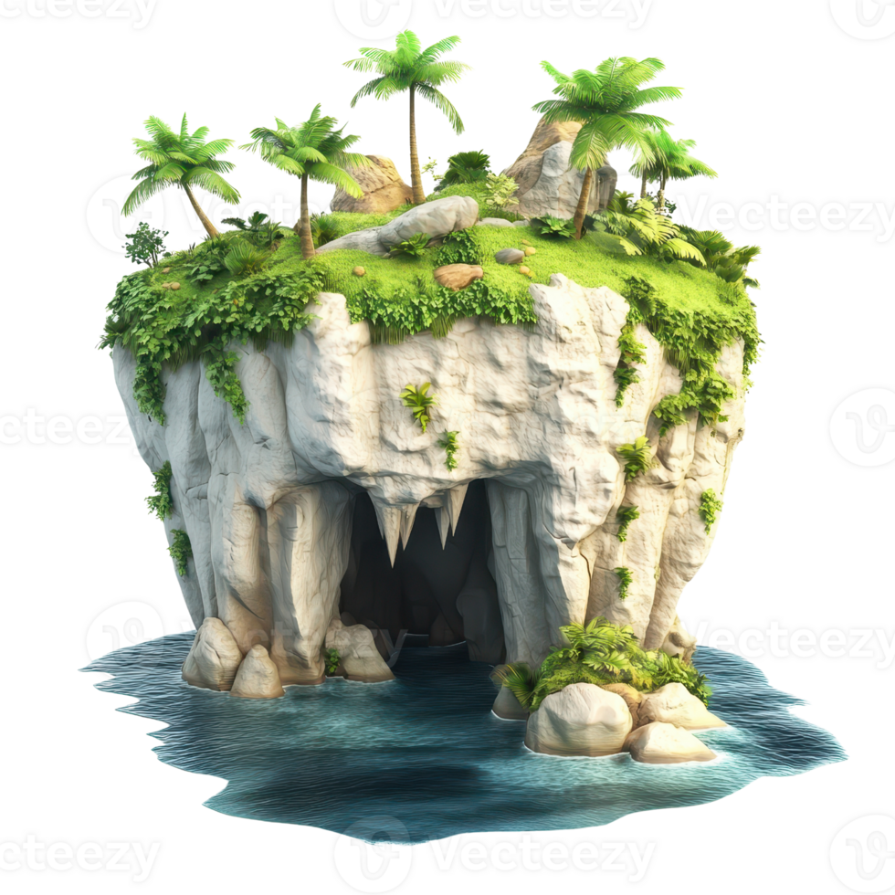 A serene tropical island with lush greenery and tranquil waters. png
