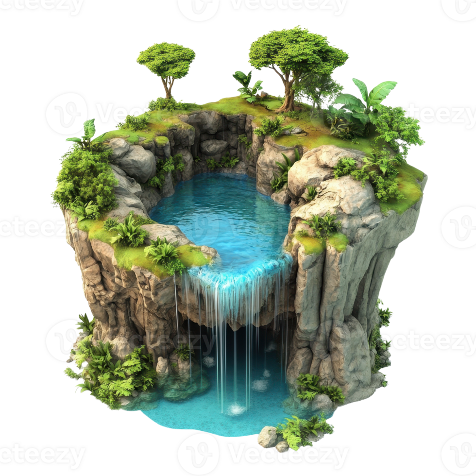 A serene waterfall cascading into a tranquil pond surrounded by lush greenery. png