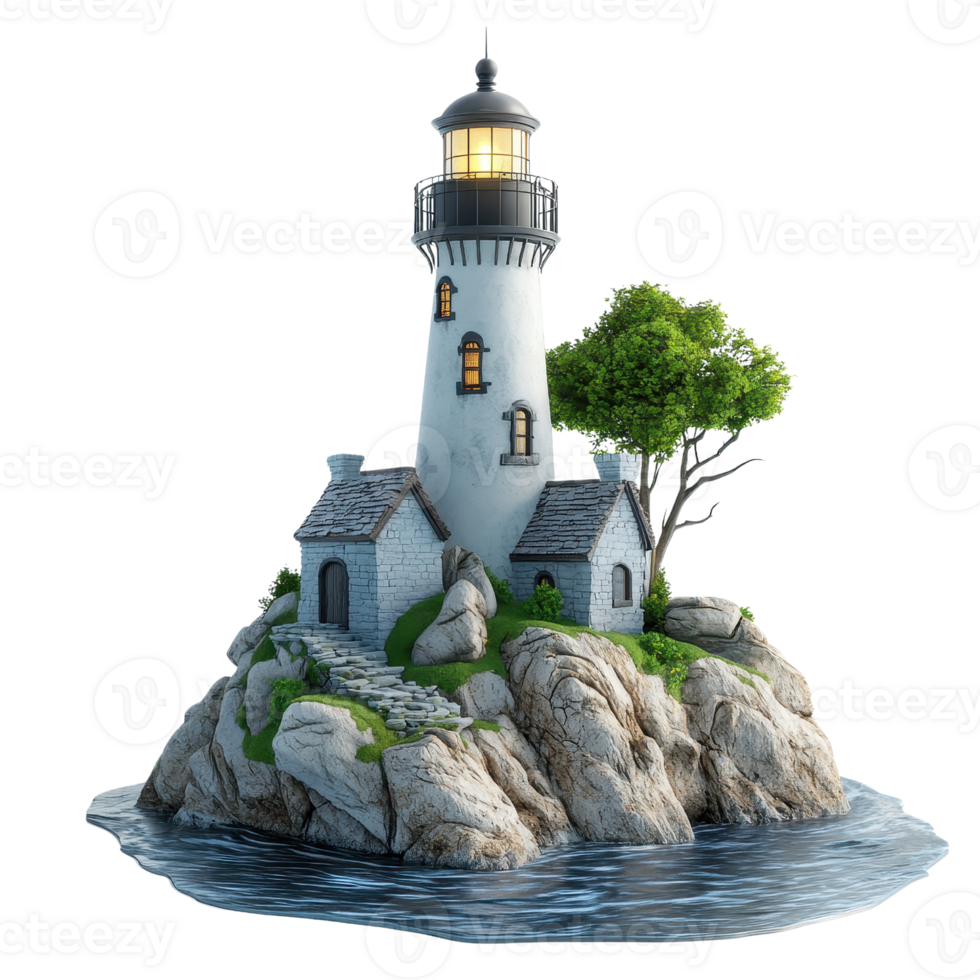 A serene lighthouse standing on rocky shores, guiding boats with its warm light. png