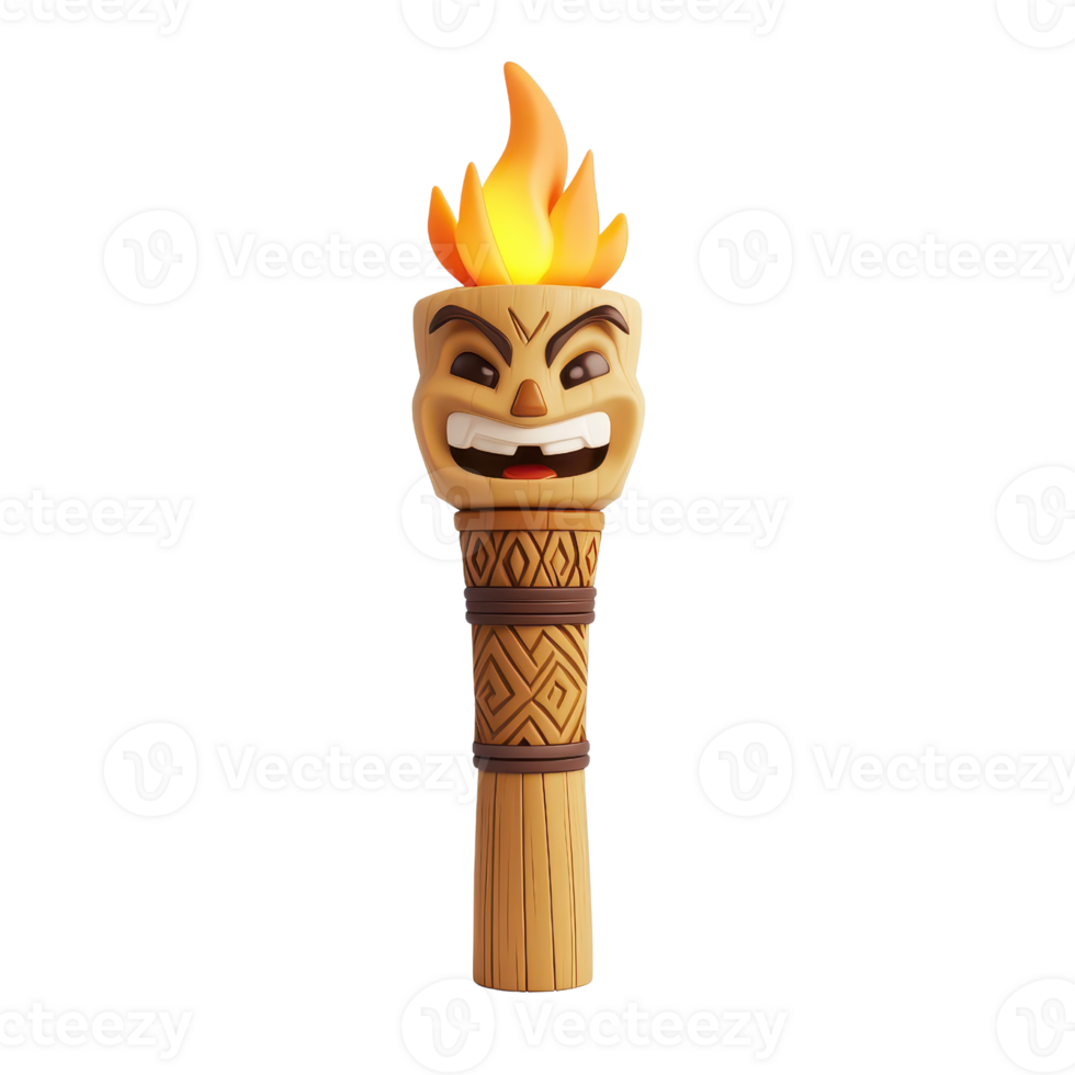 A vibrant, cartoon-style tiki torch with a fierce expression and flame on top. png