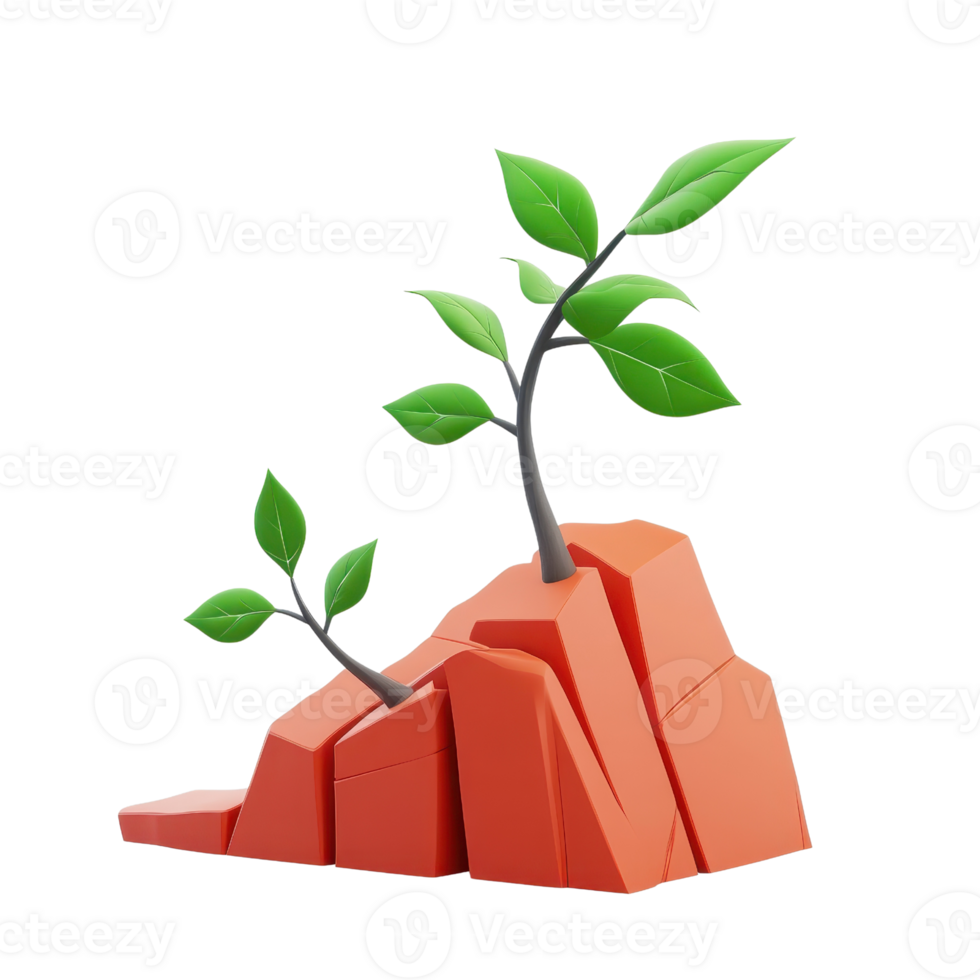 A vibrant illustration of green sprouts growing from a red rock formation. png