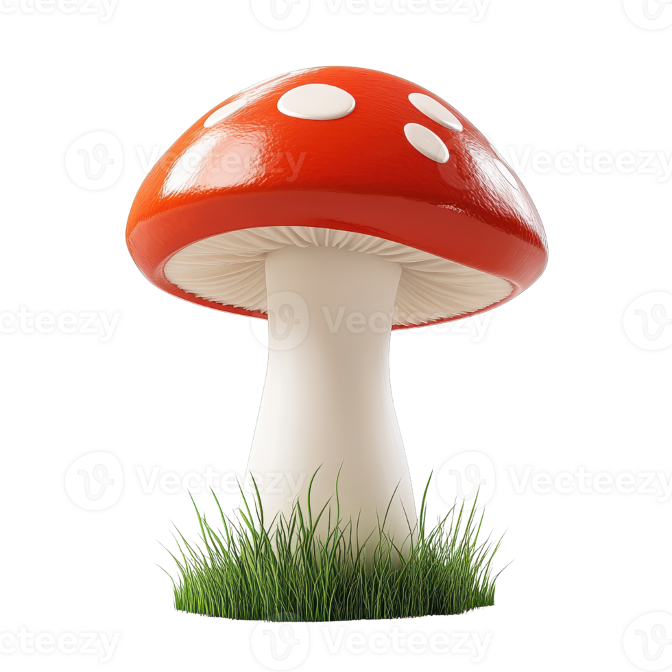 A vibrant red mushroom with white spots, surrounded by fresh green grass. png