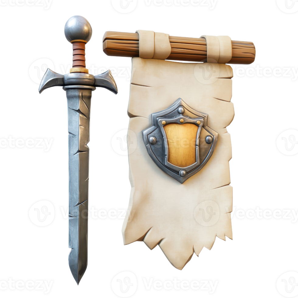 A stylized sword and shield banner design perfect for fantasy themes. png