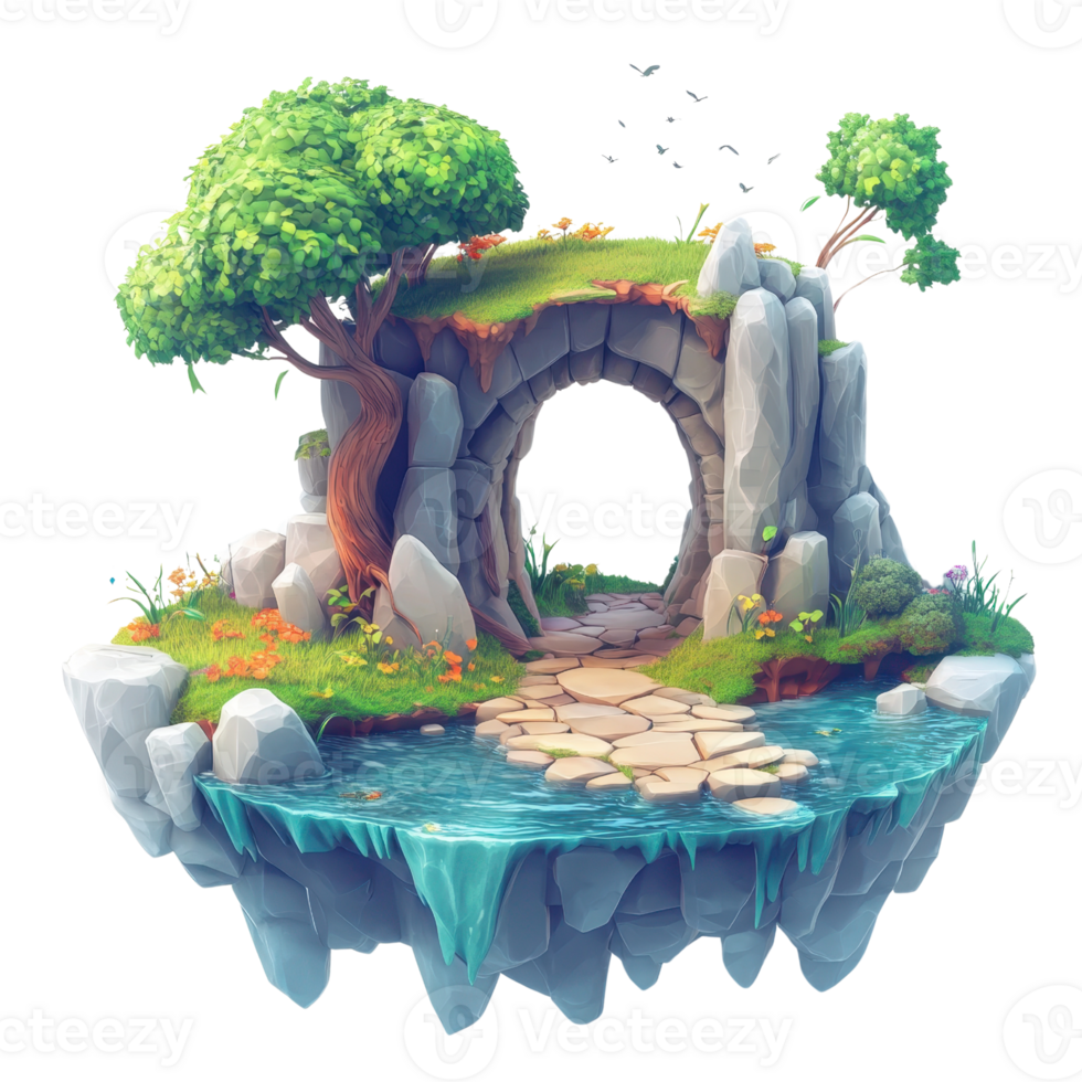 A tranquil floating island with lush greenery, stones, and a serene waterway. png