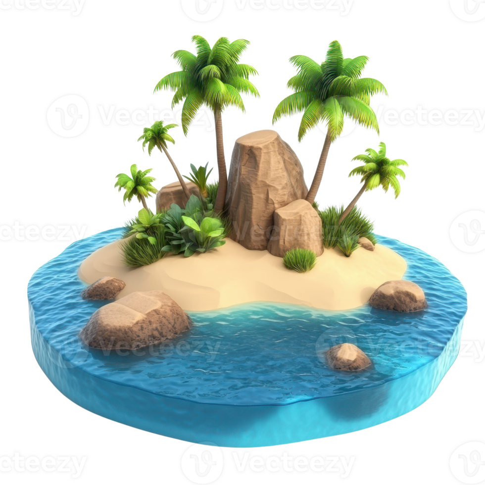 A tranquil tropical island with palm trees, rocks, and clear blue waters under the sun. png