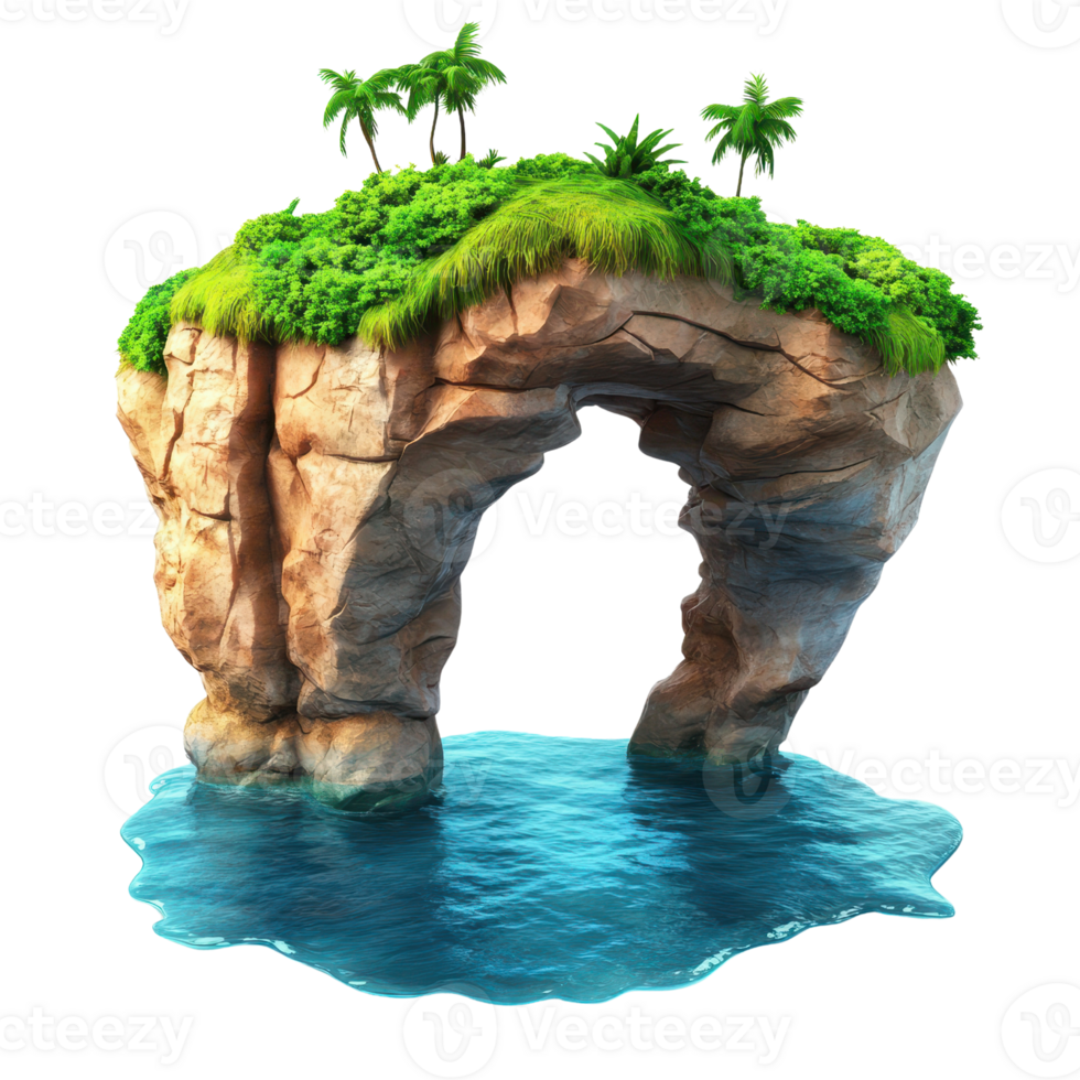A stunning rock formation with lush greenery atop, surrounded by shimmering water. png