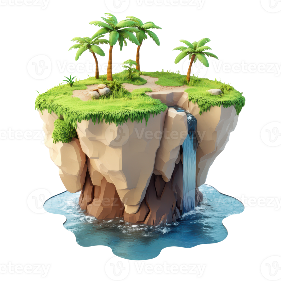 A tropical island floating with palm trees and a waterfall surrounded by clear water. png