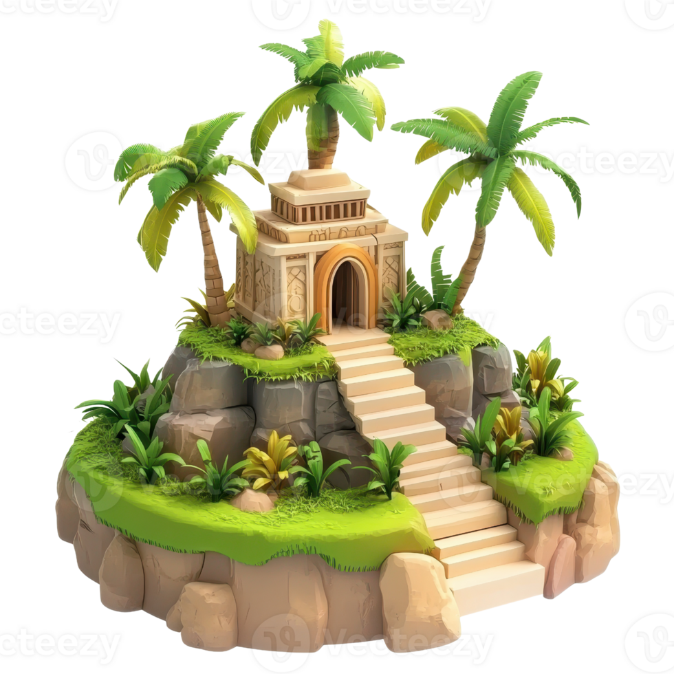 A vibrant tropical island featuring a stone temple and lush greenery under the sun. png