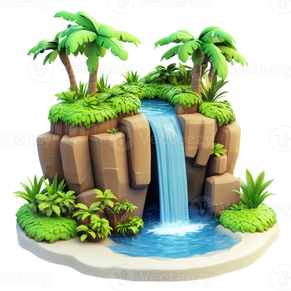 A vibrant tropical scene featuring a waterfall surrounded by lush greenery. png