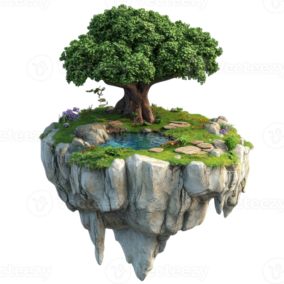 A vibrant floating island with a lush tree and serene pond surrounded by rocks. png