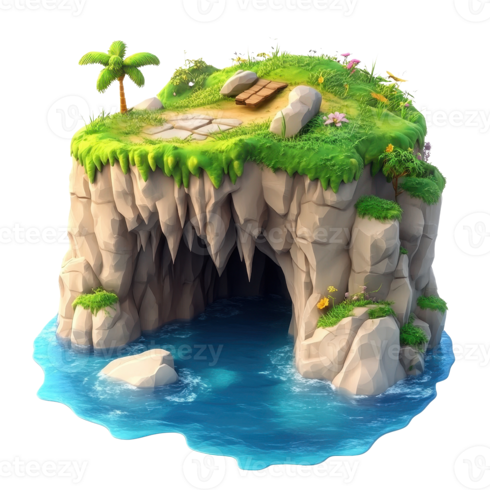 A vibrant island with a cave, cliffside, and lush greenery inviting exploration. png
