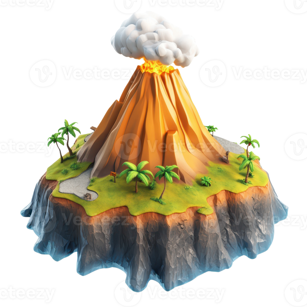 A vibrant 3D illustration of an erupting volcano surrounded by lush greenery. png