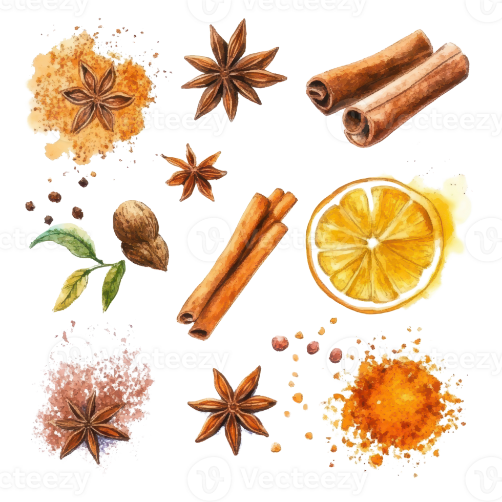 A vibrant arrangement of spices and herbs including cinnamon and star anise. png