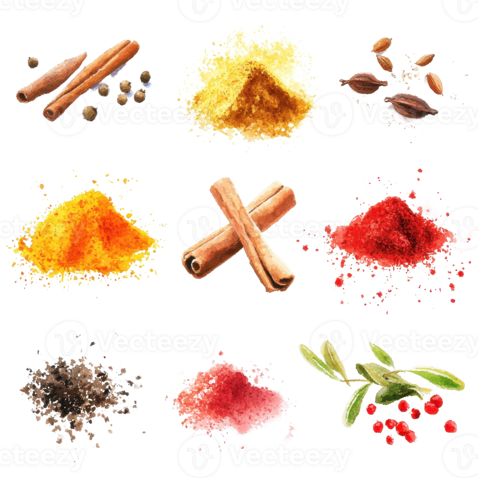 A vibrant assortment of various spices and herbs arranged artfully. png