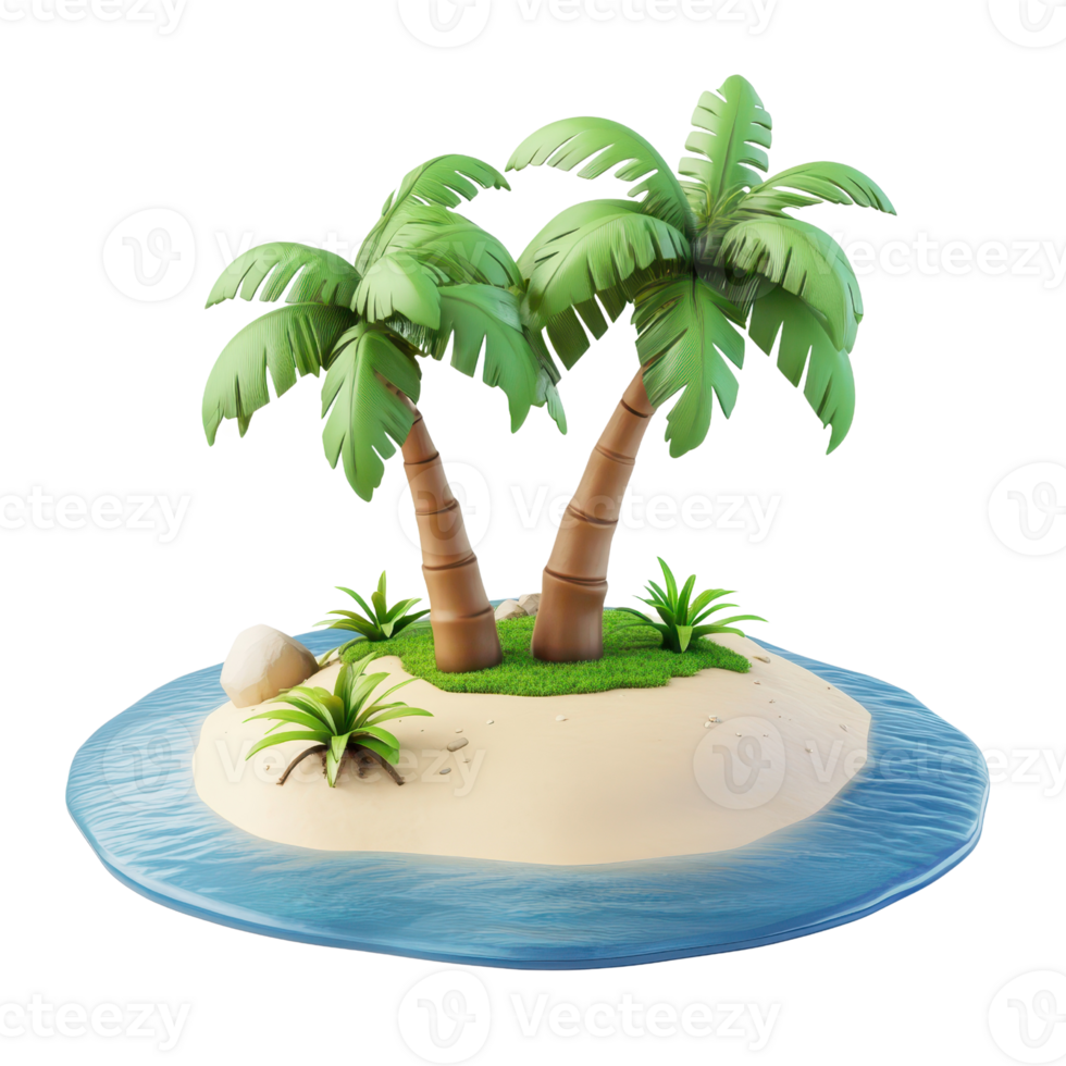 A tropical island scene showcasing palm trees and clear blue water. png