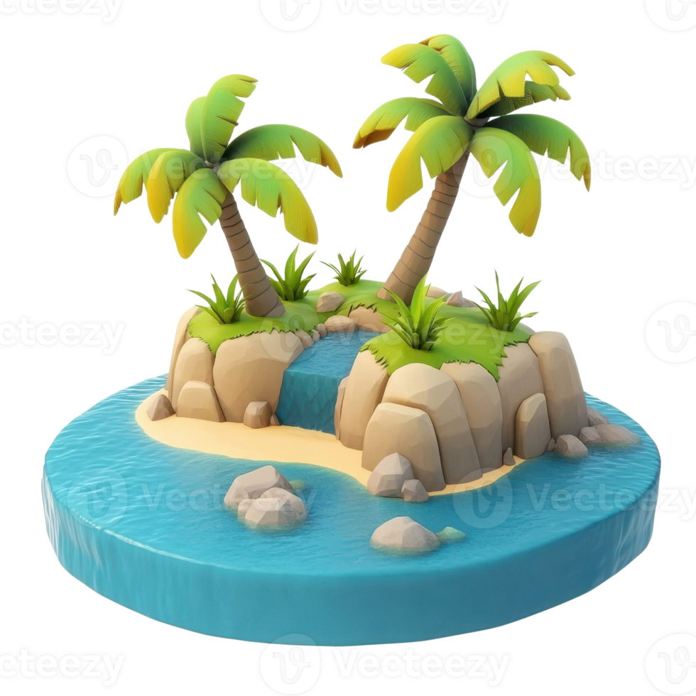 A tropical island with palm trees and a tranquil waterfall surrounded by clear water. png