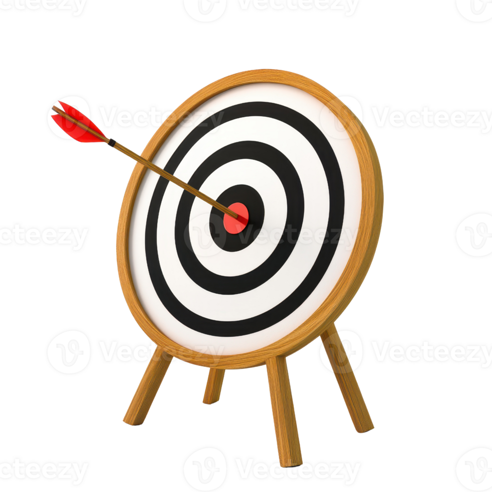 A wooden dartboard with a red arrow hitting the center target for precision. png
