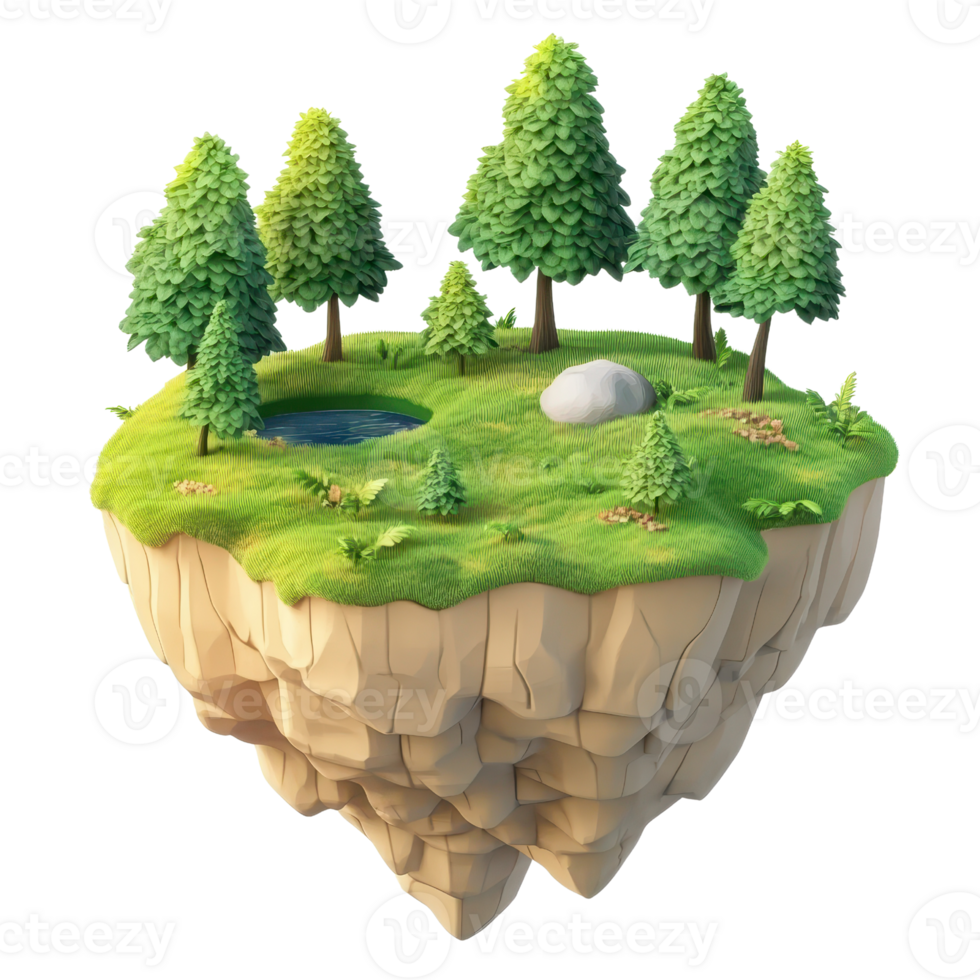 A vibrant floating island featuring lush trees, a serene pond, and natural beauty. png