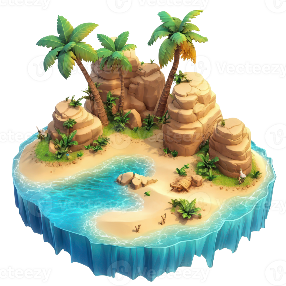 A tropical island with palm trees, rocky cliffs, and clear blue water. png