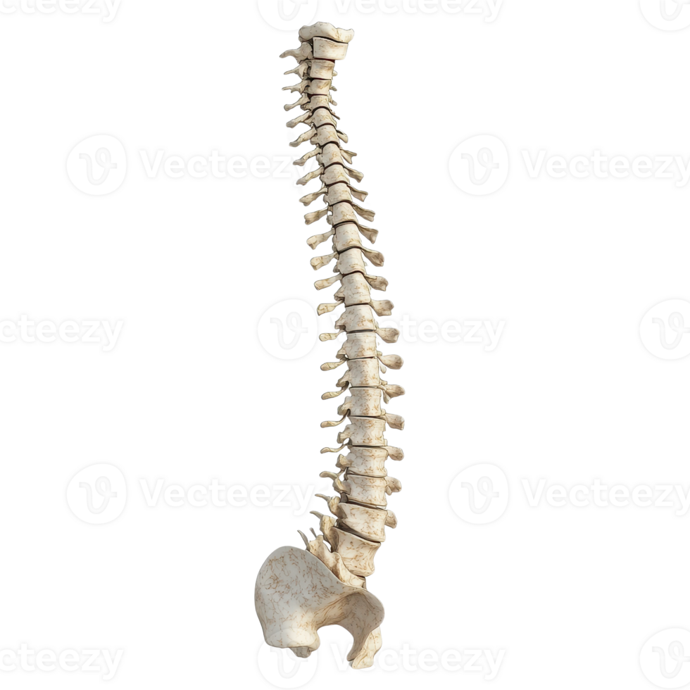 Anatomical model of a human spine showcasing vertebrae structure and alignment. png