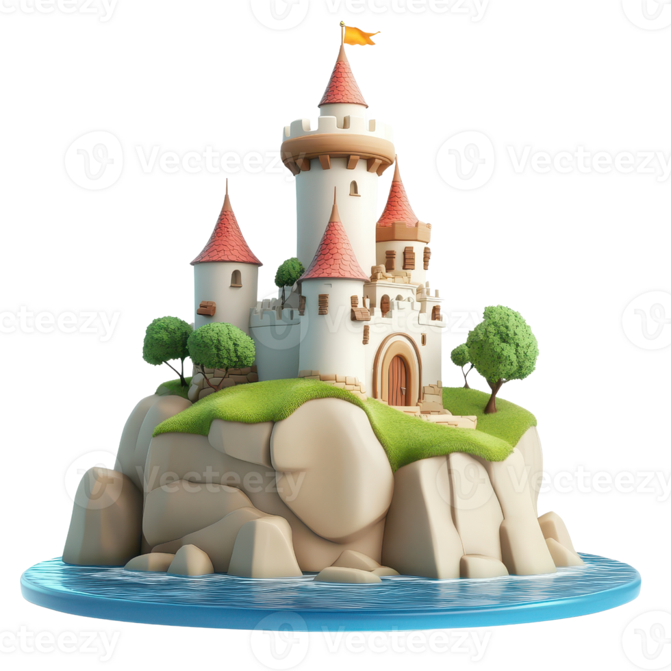 A whimsical castle perched on a rocky island surrounded by tranquil water. png