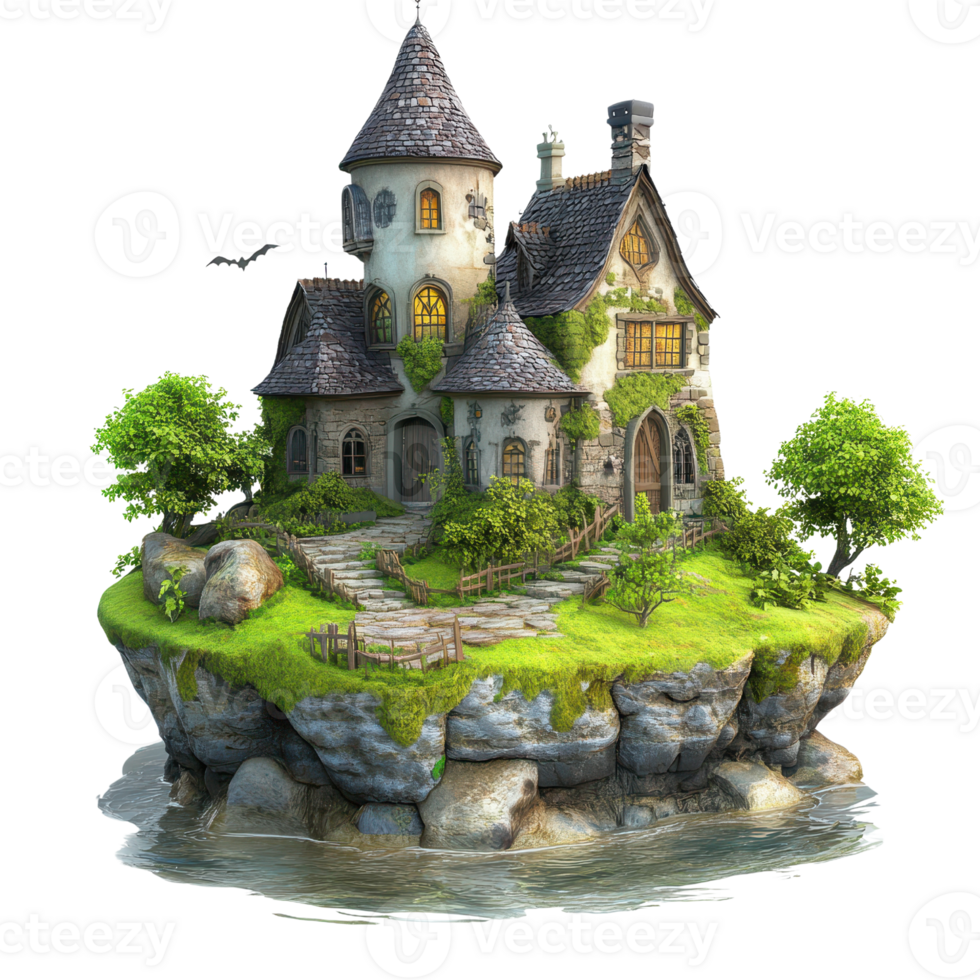 A whimsical castle surrounded by lush greenery and tranquil waters. png