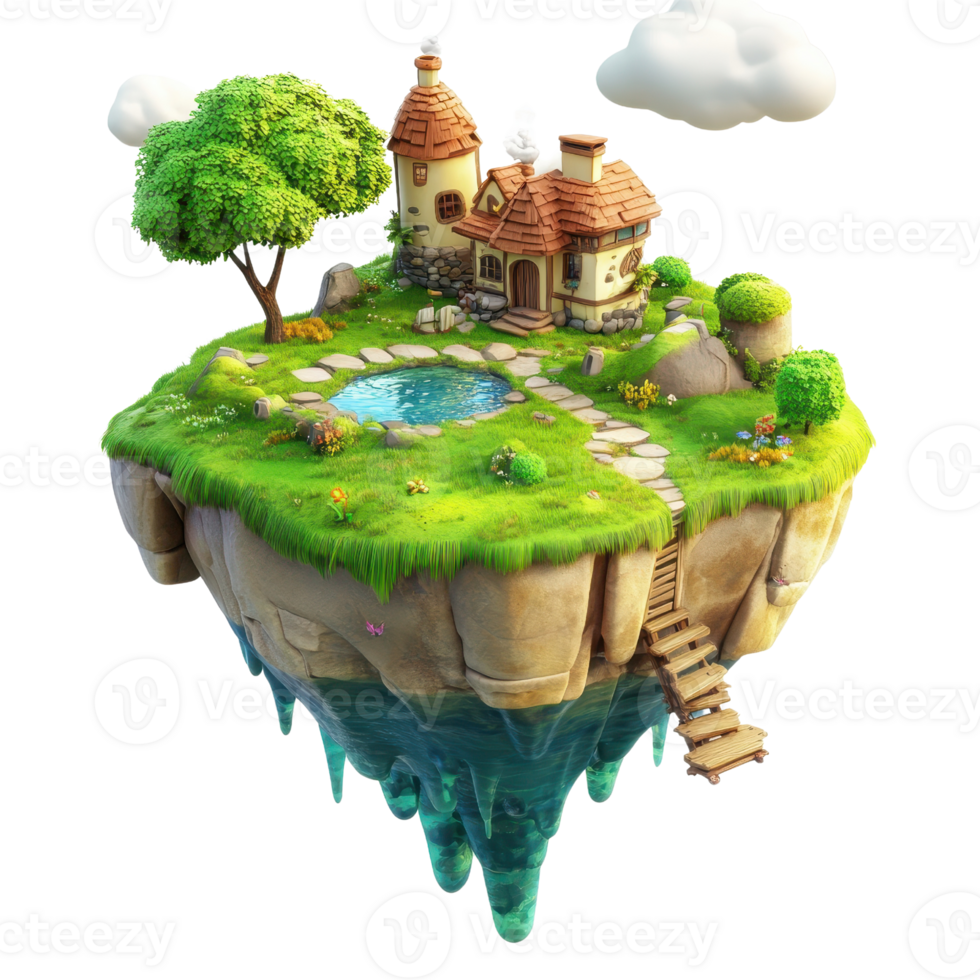 A whimsical floating cottage surrounded by vibrant nature and clear sky. png