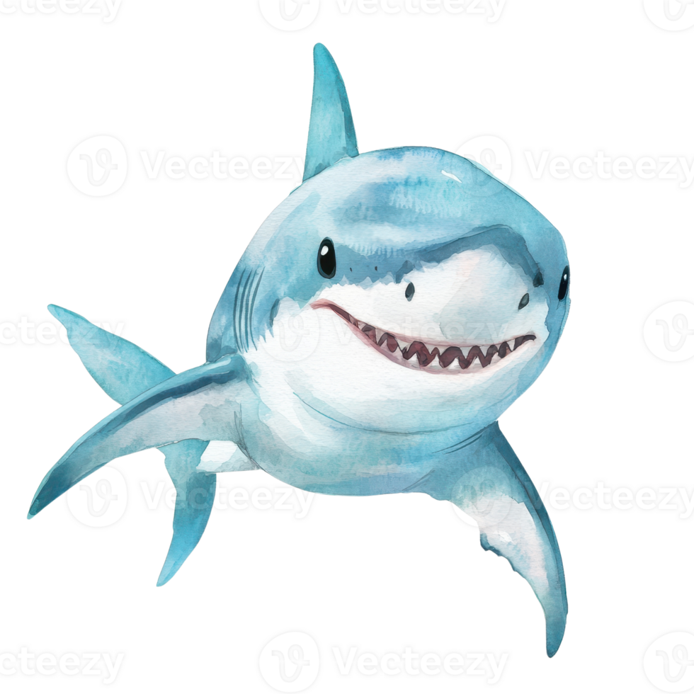 A vibrant watercolor illustration of a friendly shark swimming gracefully. png