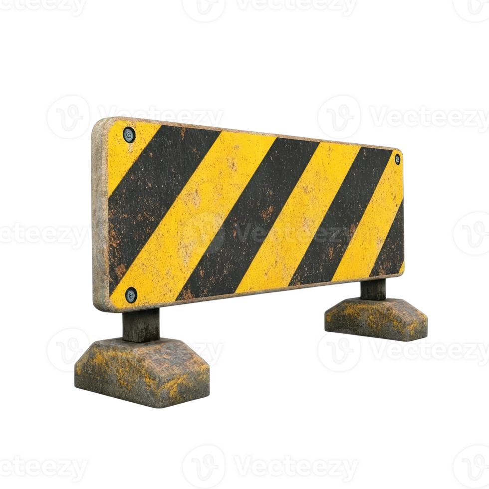 A weathered construction barrier with yellow and black stripes indicating caution. png