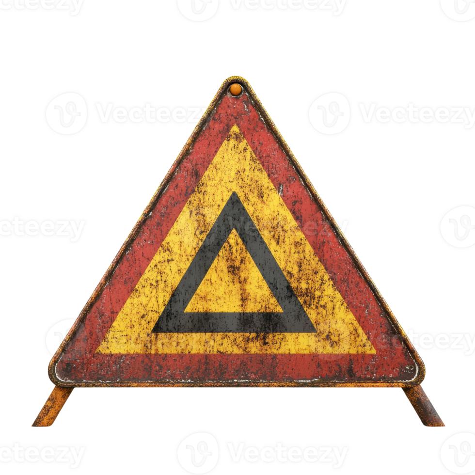 A weathered warning sign indicating caution on the road for drivers. png