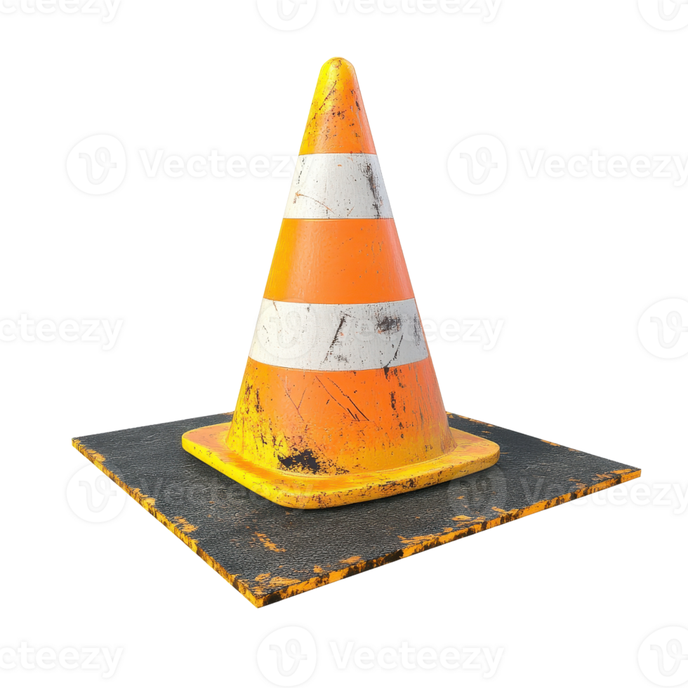 A weathered traffic cone on a patch of pavement, symbolizing roadworks and safety. png
