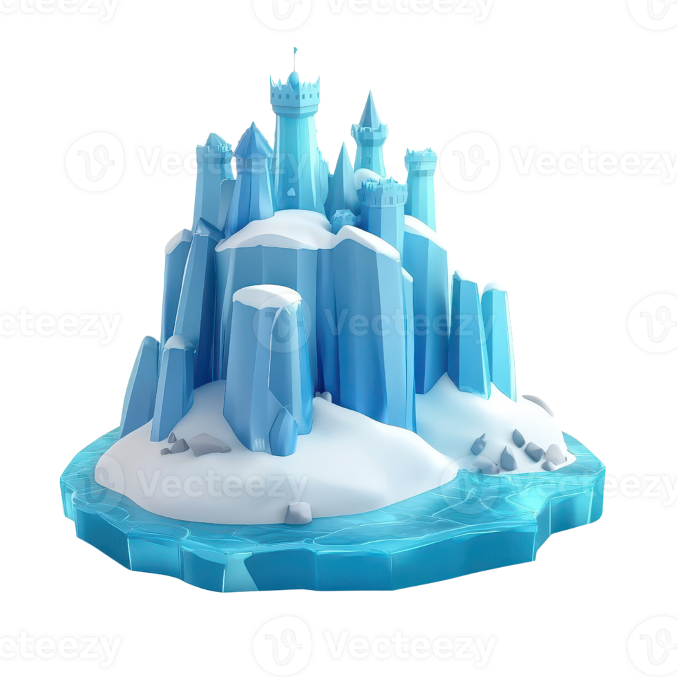 A whimsical ice castle surrounded by frozen waters, showcasing fantasy architecture. png