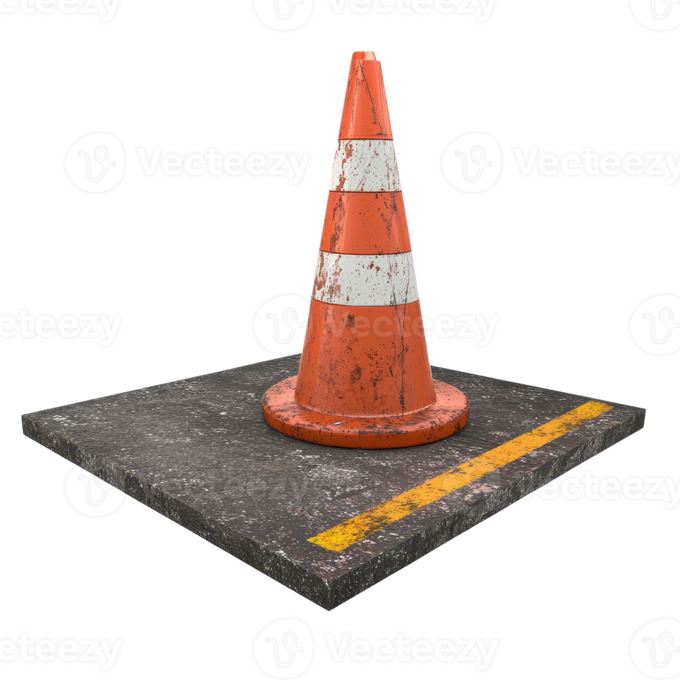 A worn traffic cone placed on a concrete surface with a yellow line marking. png