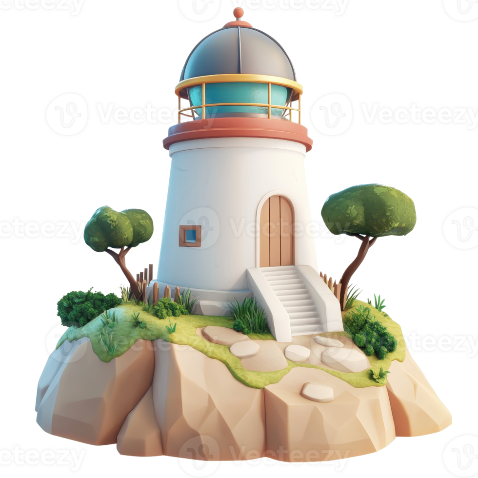 A whimsical lighthouse on a rocky shore with green foliage and a clear blue sky. png
