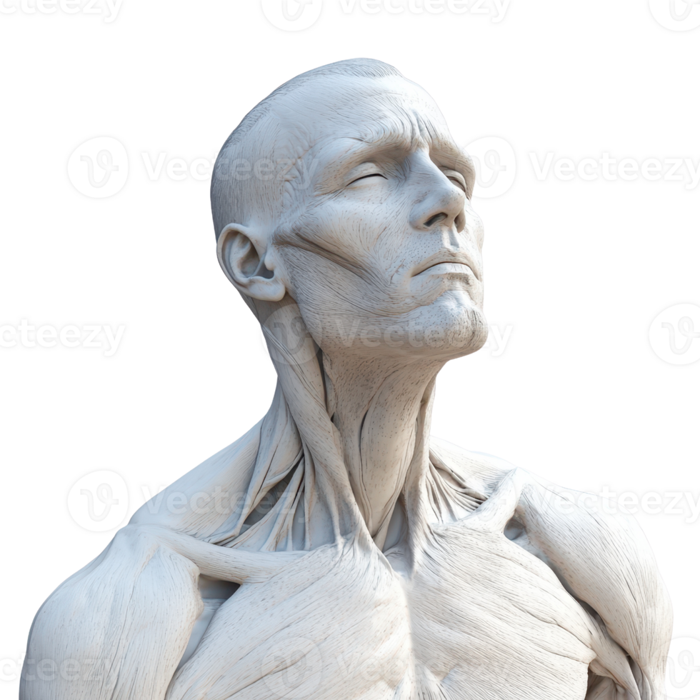 An artistic representation of human anatomy showcasing detailed muscle structure. png