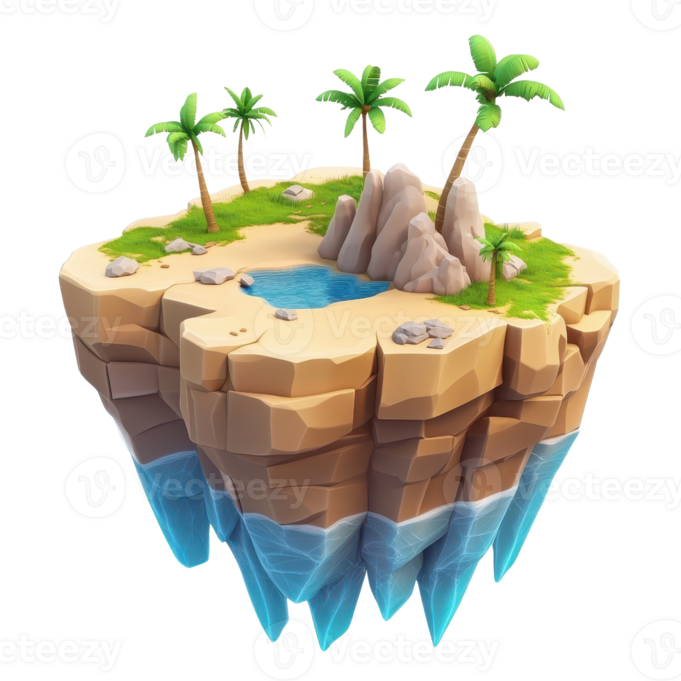 An idyllic floating island with palm trees and a tranquil water pool. png