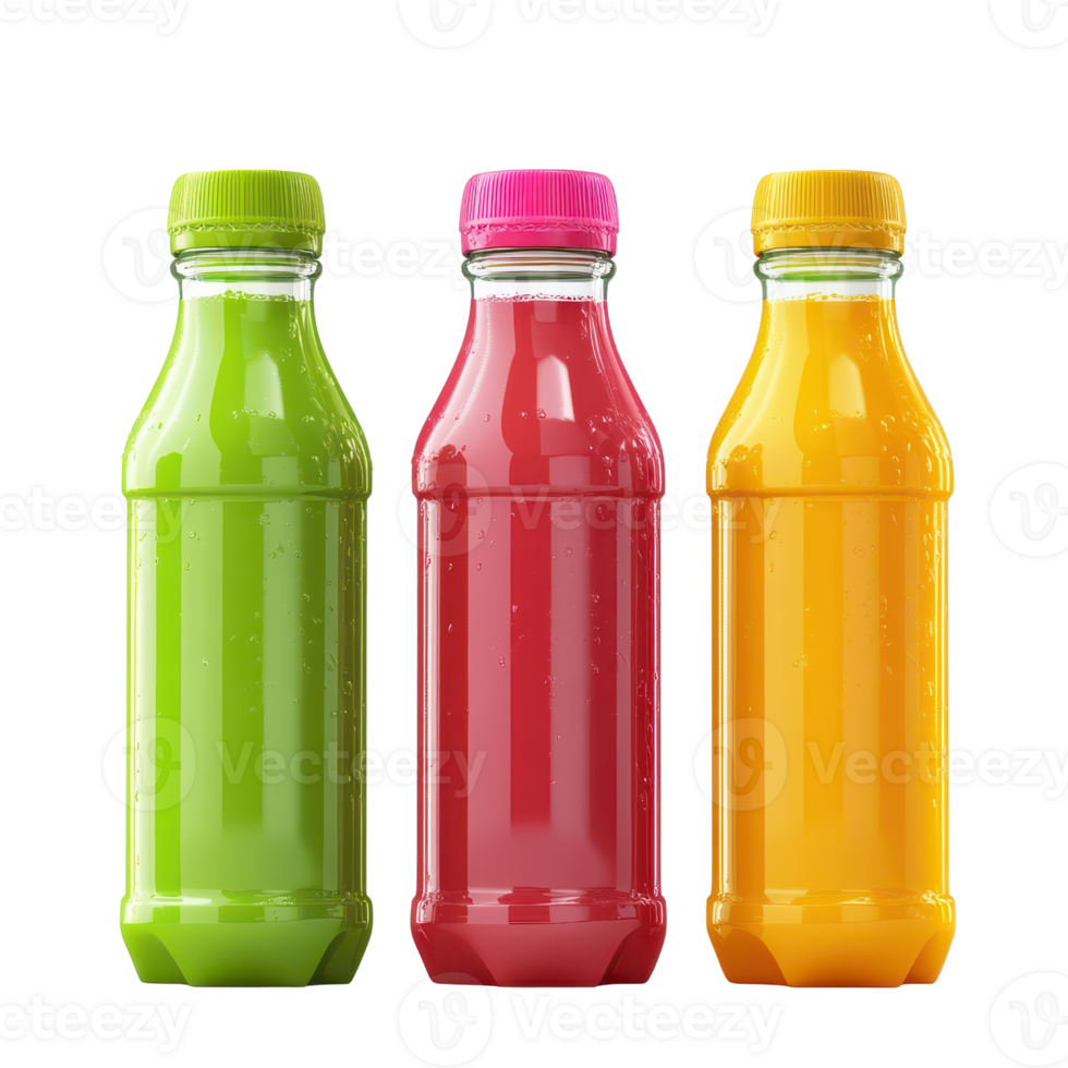 Colorful bottles filled with refreshing beverages in vibrant shades. png