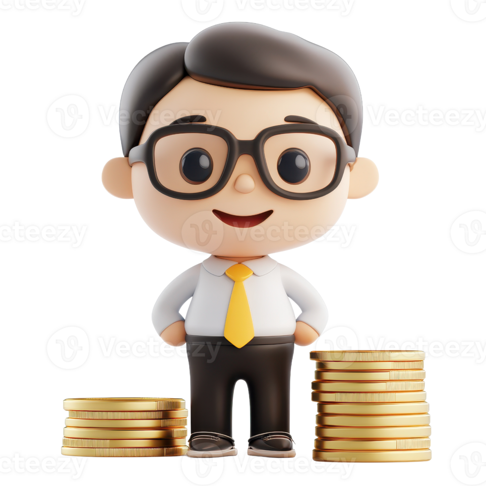 Cheerful cartoon character standing proudly with golden coins around him. png