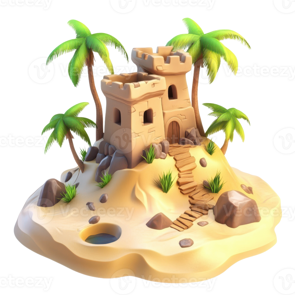 Colorful sandcastle surrounded by palm trees on a sunny beach, perfect for summer vibes. png
