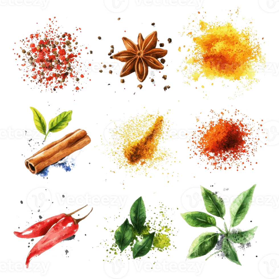 Colorful spices and herbs arranged artistically on a dark background. png