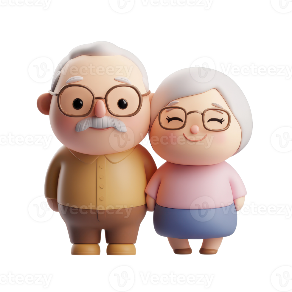 Cute cartoon elderly couple smiling together, showcasing love and companionship. png