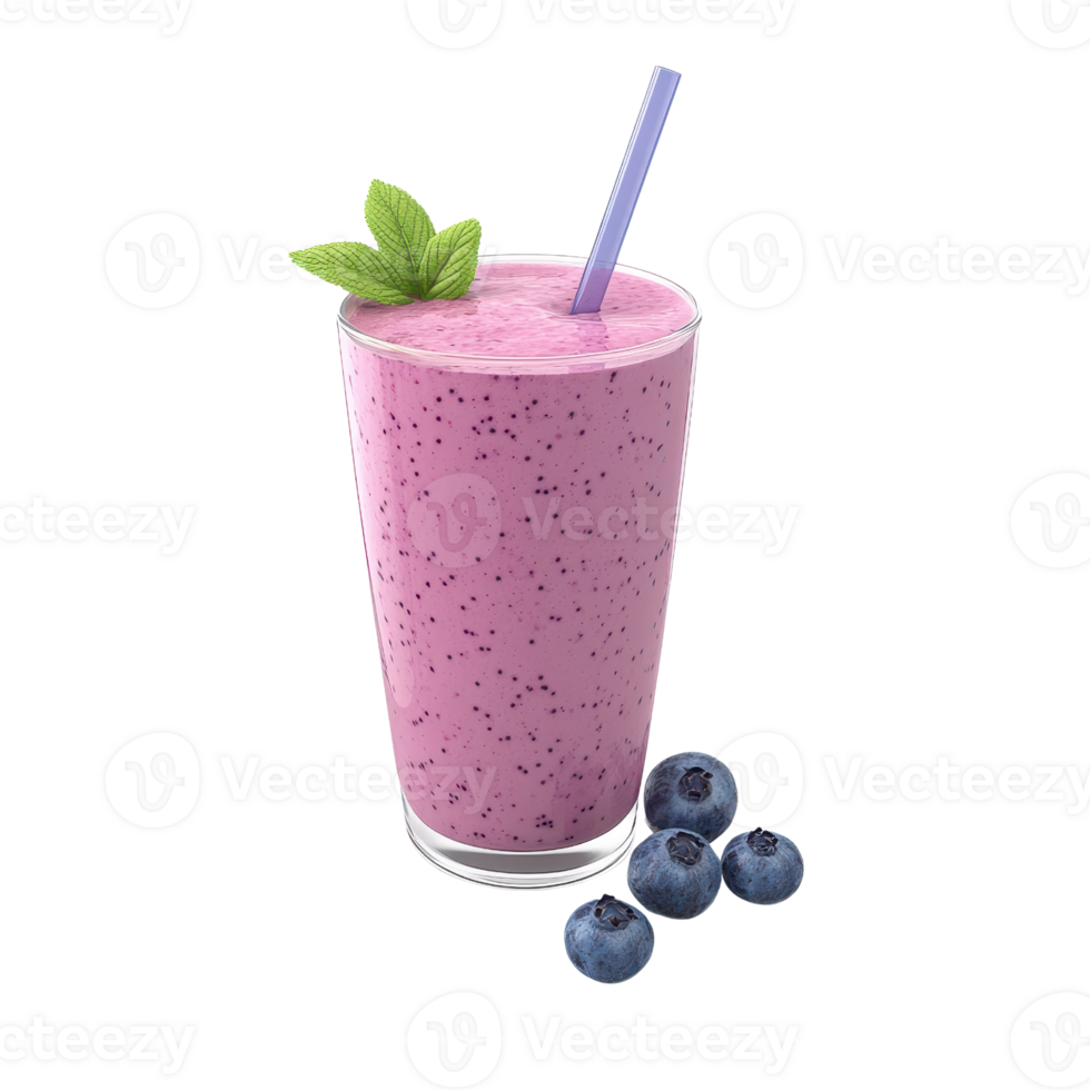 Delicious blueberry smoothie garnished with mint and served in a clear glass. png