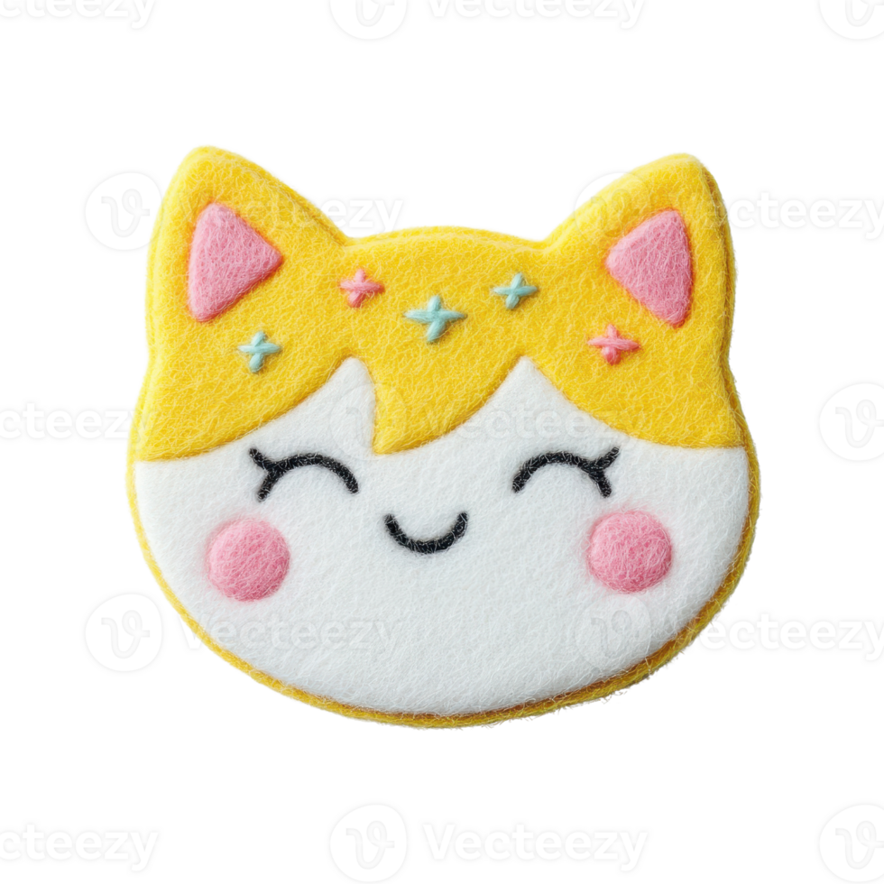 Cute felt cat head with a smiling expression and colorful detail for all ages. png