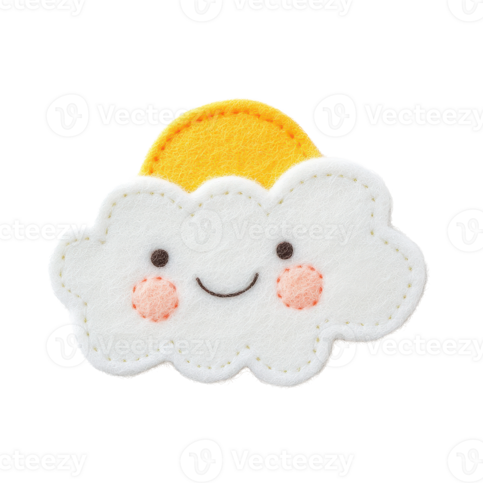 Cute felt cloud with a smiling face and a bright sun, perfect for children's designs. png