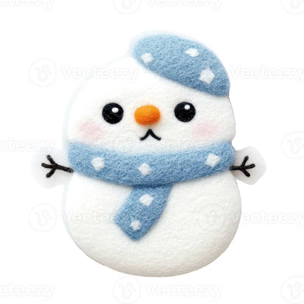 Cute felt snowman decoration wearing a blue scarf and hat, perfect for winter themes. png