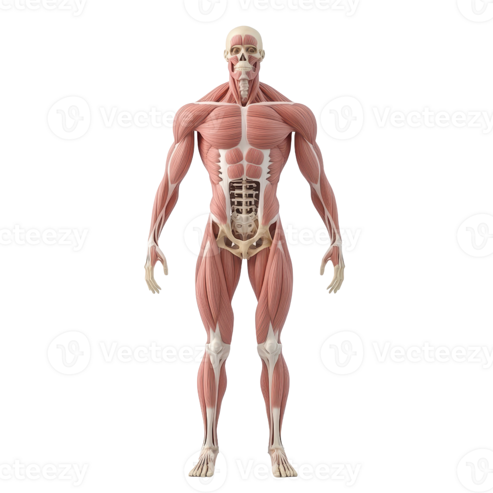 Detailed 3D model of human anatomy showcasing muscles and skeletal structure. png