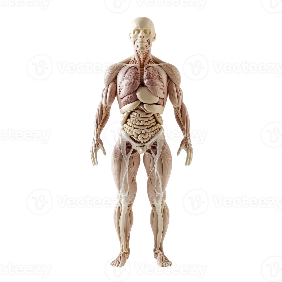 Detailed 3D anatomical model of the human body showcasing organs and muscles. png