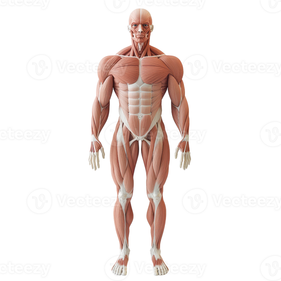 Detailed human anatomy model showing muscles and body structure for educational use. png