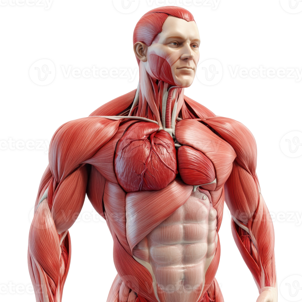 Detailed anatomical model showcasing human muscular structure and internal organs. png